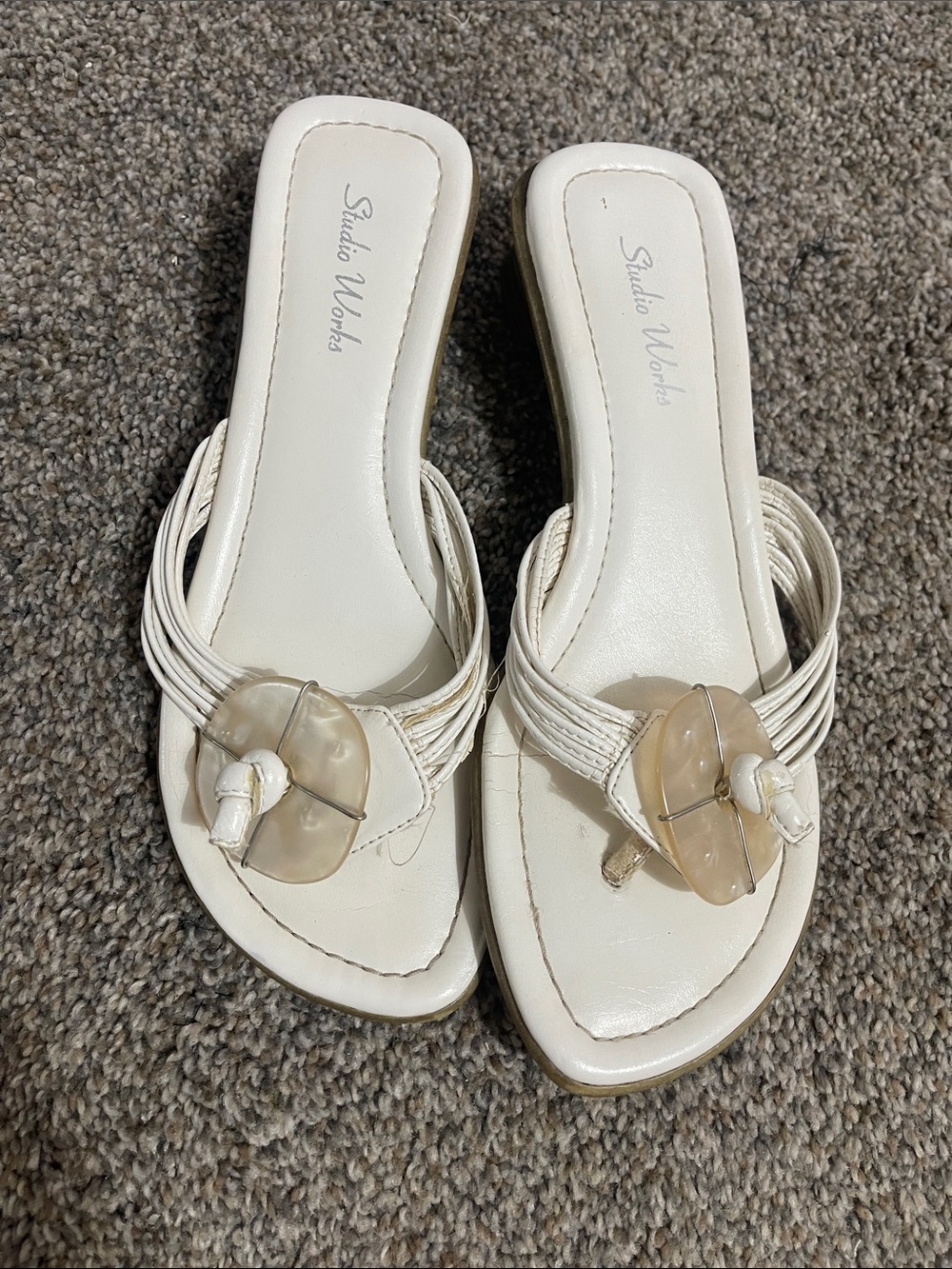 Studio Works Cream Slide Sandals with Decorative Shell Accent